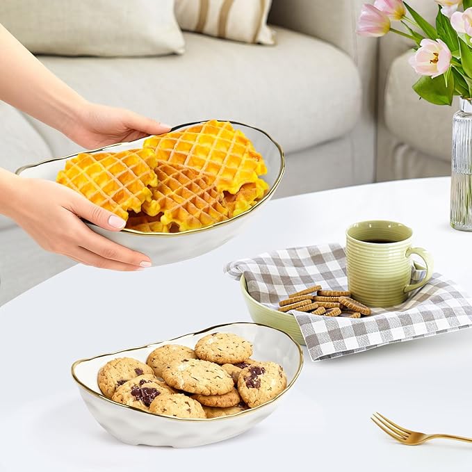 Ceramic Fruit Bowl for Kitchen Counter - 3 Tier Fruit Basket with Metal Stand, Tiered Fruit Stand for Countertop, Snack, Nuts, Cake, Dessert, Small & Cute (Gold&White)