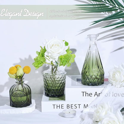 Glass Bud Vase Set of 5, Small Green Flower Vases for Centerpieces in Bulk, Mini Vintage Vase for Wedding Decor, Single Flowers, and Home Table Décor