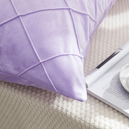 JAUXIO Diamond Pinch Pleated Crystal Velvet Pillowcases 2 Pack Solid Pintuck Throw Cushion Cover for Home Decor Hidden Zipper Closure (Lilac, King)