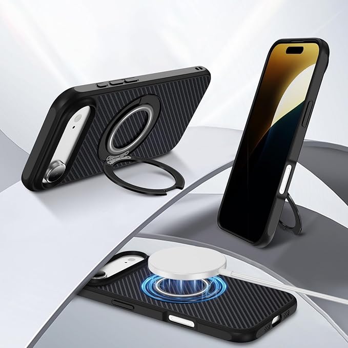 Mag-Stand Carbon Fiber Case for iPhone 17 Air, 360° Rotate Magnetic Stand, Compatible with MagSafe, 15FT Military Protection, Slim Shockproof Magnetic Kickstand Mag Phone Case for Men Women