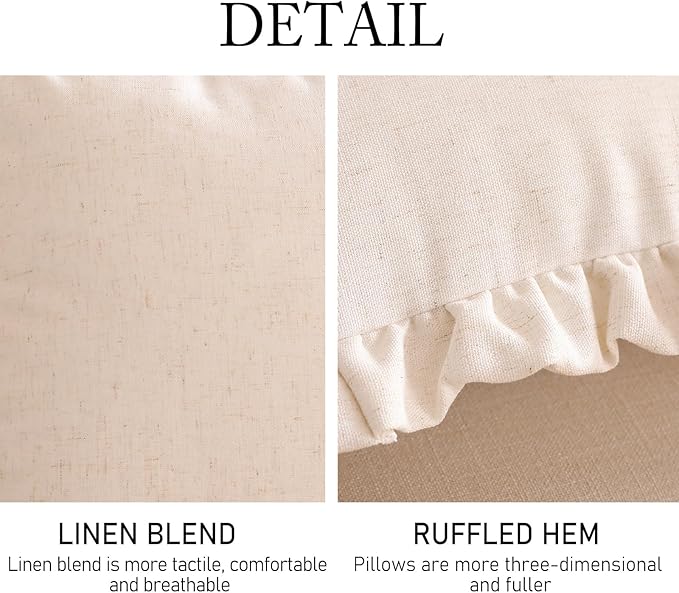 ISAENNE 2 Pcs Classic Ivory White Round Throw Pillow Cover Diameter 16", Solid Color Farmhouse Linen Cotton Decor Pillow Cover with Ruffles, Sturdy Throw Pillowcase for Couch Sofa Bed Living Room