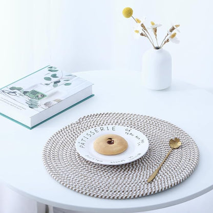 Round Woven Placemats Set of 8 Heat Resistant Placemats 13.5 Inches Farmhouse Cotton Rope Place Mats for Dining Tables Trivets for Hot Dishes Kitchen Décor, Mixed Brown
