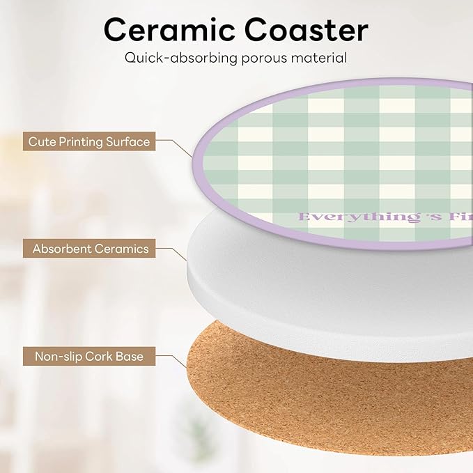 6-Piece Ceramic Coaster Set with Tray Diameter: 3.94 in Thickened Absorbent Material Heat-Resistant and Water-Absorbent Coaster Set Suitable for All Types of Cups， Checkered
