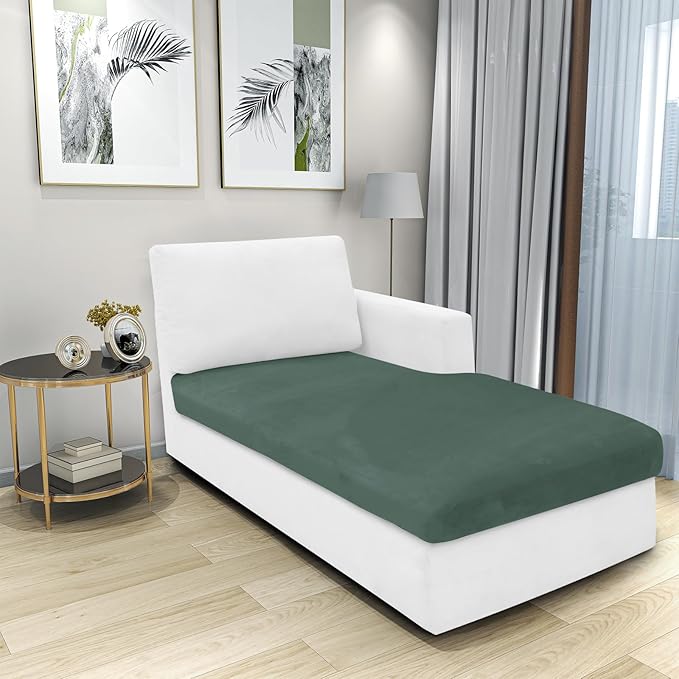 MAXIJIN 1 Piece Velvet Chaise Cover Stretch Sectional Couch Covers for L Shaped Sofa Fitted Soft Chaise Lounge Cushion Cover Sofa Slipcover with Elastic Bottom (Chaise Cover, Pea Green)
