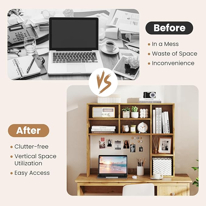 GOFLAME Desktop Bookshelf, 37” Desk Organizer Shelf with 7 Cubes & 3 Adjustable Shelves, 3-Tier Wood Countertop Display Rack, Multipurpose Tabletop Desk Hutch for Dorm, Home Office (Natural)