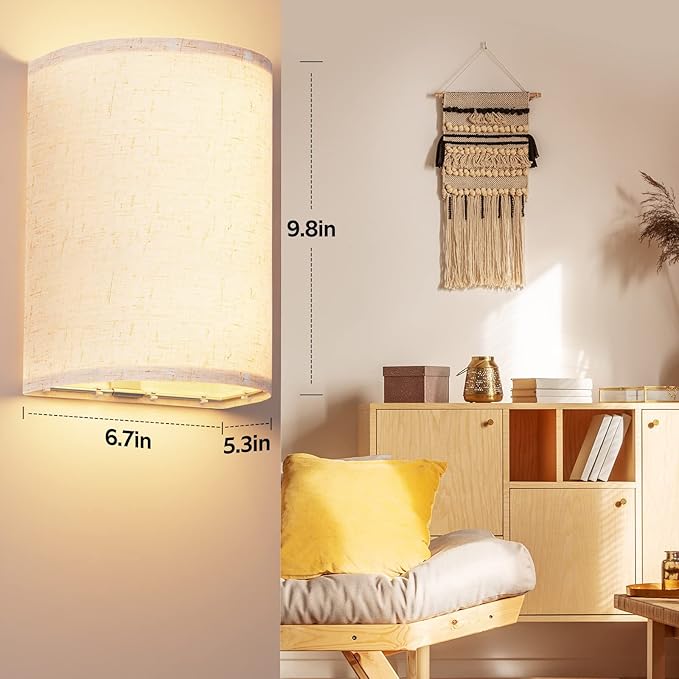 Wall Sconces Set of Two, Battery Rechargeable 3 Colors Changeable Dimmable Wall Lights Fixtures with Remote Control Fabric Height Wall Lamp Sconces for Bedroom Living Room Hallway