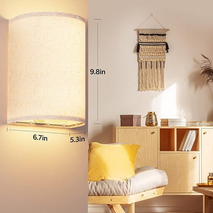 Wall Sconces Set of Two, Battery Rechargeable 3 Colors Changeable Dimmable Wall Lights Fixtures with Remote Control Fabric Height Wall Lamp Sconces for Bedroom Living Room Hallway