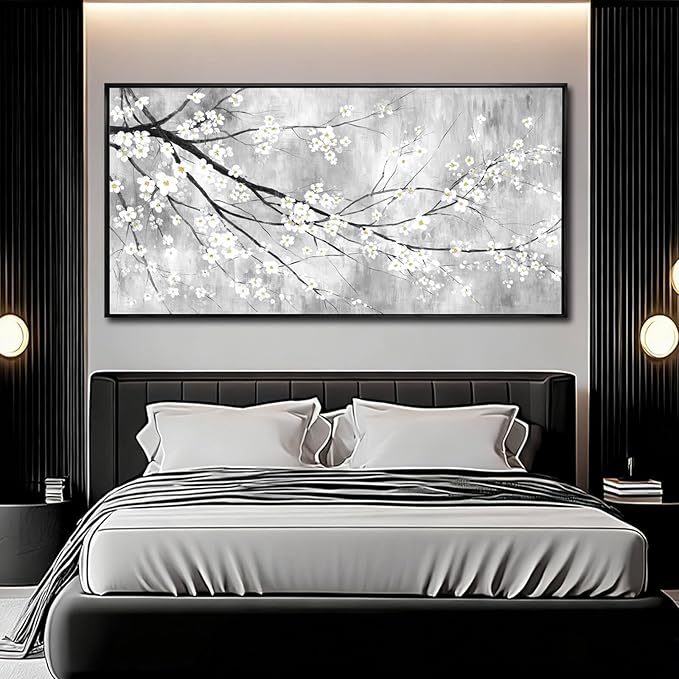 WINKAILIN Large 29"x58" White Black and Gold Plum Blossom Canvas Black Frame Wall Art Minimalist Flower Poster Decorative Artwork for Living Room Bedroom Office Kitchen Walls