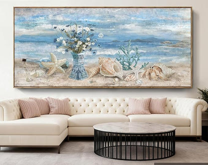 Nicetop Extra Large Framed Wall Art for Living Room Blue Boho Ocean Beach Coastal Daisy Flower in Vase Picture Huge Seascape Canvas Print Painting Oversized Seaside Artwork for Home Office 86x39inch