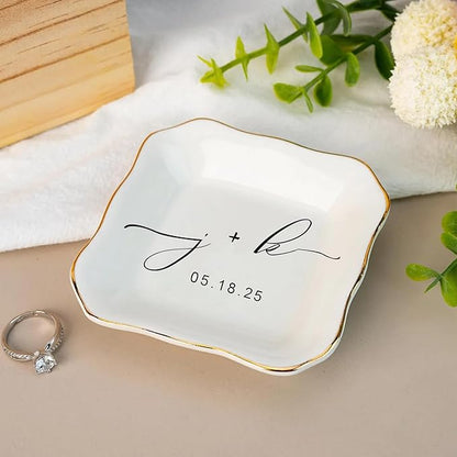 Custom Engagement Ring Holder Ring Dish, Custom Wedding Gifts for Couple, Bridal Shower Couple Jewelry Tray, Monogrammed Engagement Wedding Gifts for Bride 2