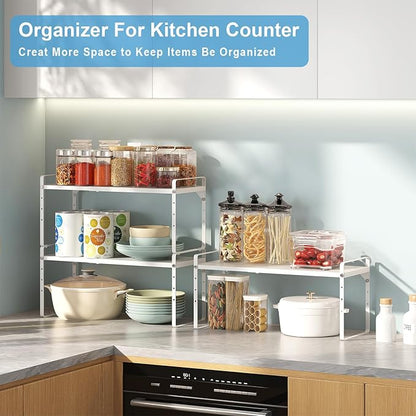 15.5 to 25.5 Inch Kitchen Cabinet Shelf Organizers, Adjustable Kitchen Counter Shelf Organizer, Set of 3 Expandable Countertop Storage Shelves, Stackable Design, 30LBS Heavy Duty, Space Saver