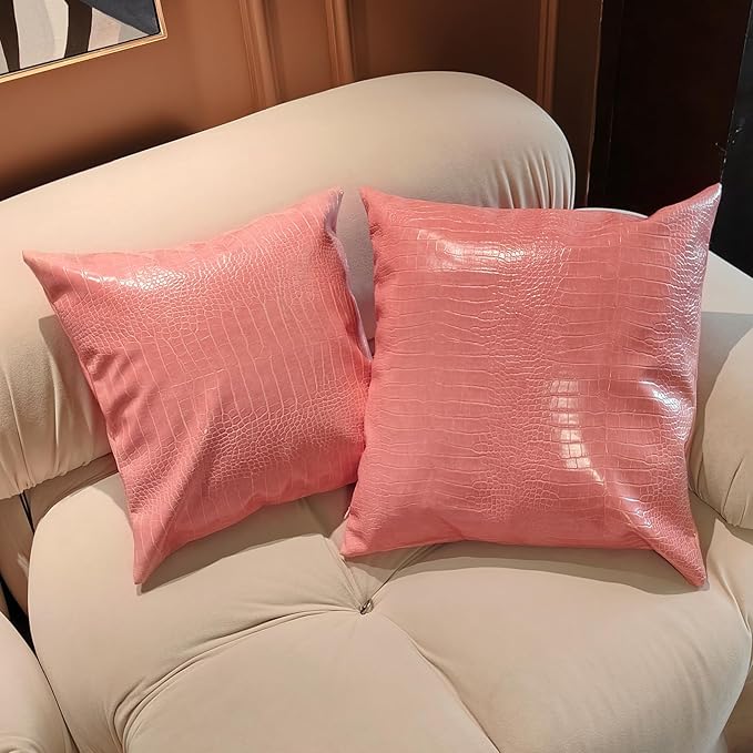 Faux Leather Throw Pillow Covers 16X16 Inch Pink Outdoor Modern Farmhouse Solid Decorative Pillow Covers for Room Couch Living Bedroom Bed Sofa