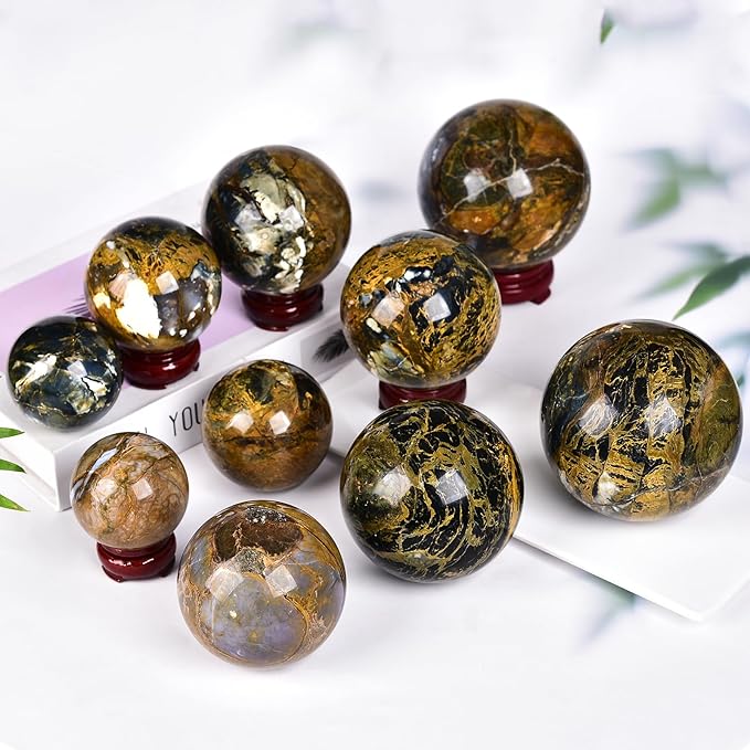 JIC Gem Pietersite Crystal Sphere with Wooden Stand, Blues and Golden Browns, 100-110mm