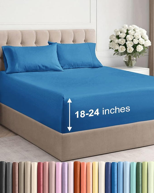 Extra Deep Twin Sheet Set - 4 Piece Breathable & Cooling Sheets - Hotel Luxury Bed Sheets Set - Easy & Secure Fit - Soft, Wrinkle Free & Comfy Sheets Set - Denim Blue Sheet Set with Extra Deep Pockets