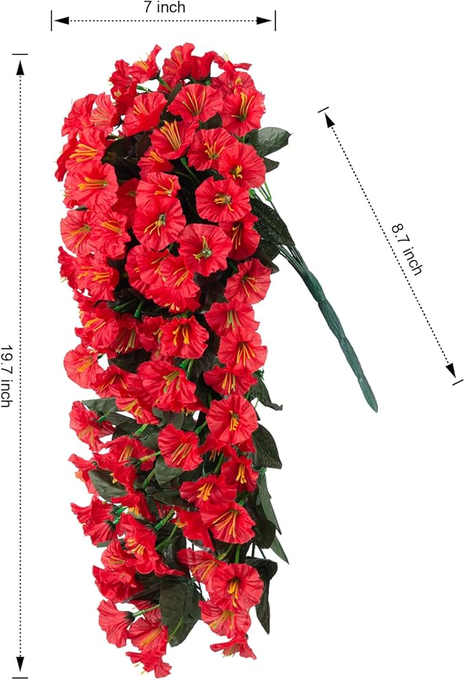 Artificial Fake Hanging Flowers Plants for Outdoor Outside Winter Christmas Decoration, 2PCS Faux Silk UV Resistant Look Real Red Morning Glory Trailing Vines for Home Wedding Party Garden Patio Porch