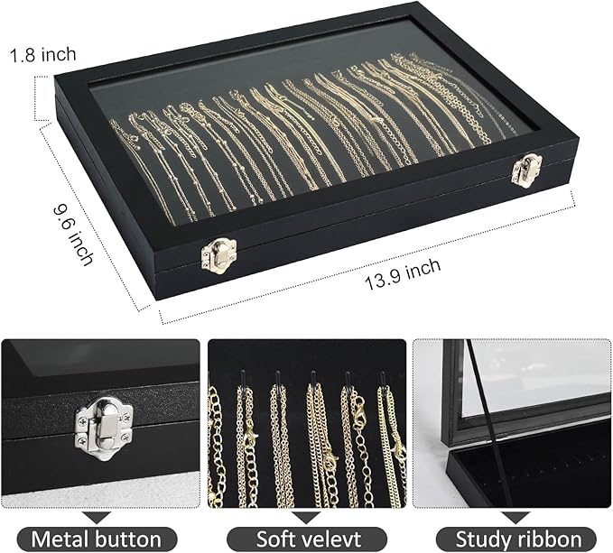 Necklace Organizer Box with Clear Lid Velvet Tray for Jewelry Storage Display Case, 20 Hooks Glass Top Drawer Insert Necklaces Pendants Dustproof Necklace Jewelry Box Organizer & Tray (Black)