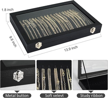 Necklace Organizer Box with Clear Lid Velvet Tray for Jewelry Storage Display Case, 20 Hooks Glass Top Drawer Insert Necklaces Pendants Dustproof Necklace Jewelry Box Organizer & Tray (Black)