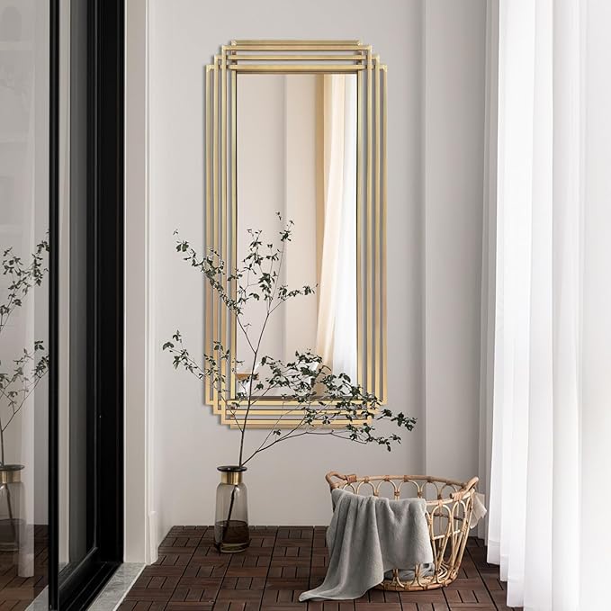 Gold Rectangle Mirror, 47"x22" Geometric Art Deco Mirror with Metal Frame, Modern Elegant Wall Mirrors for Living Room Bathroom Bedroom Entryway Hallway, Hangs Vertically or Horizontally
