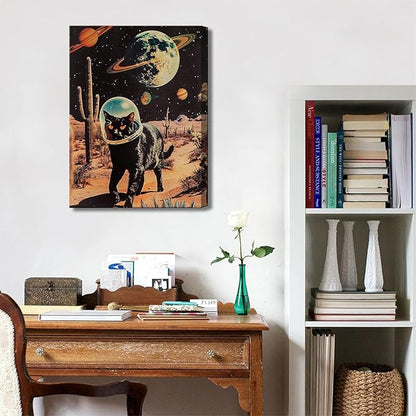 Ijeroain Black Space Cats Wall Art Funny Cat Wall Decor Pictures Cat astronaut painting artwork Cosmic planet Whimsical Print for Boys and Girls Room Bedroom home decoration 16x24in Canvas