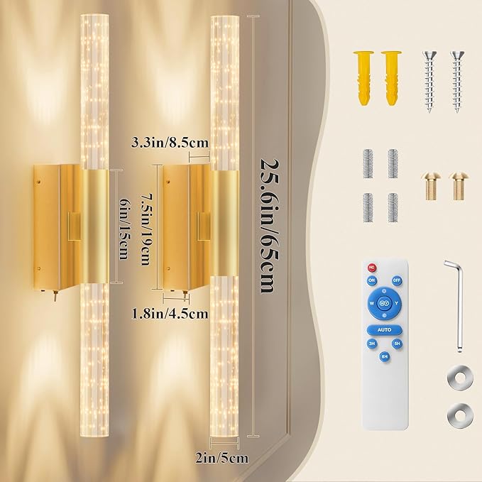 camuucci Battery Operated Gold Wall Sconces Set of 2 Rechargeable Battery Powered Wall Light with 20000mAh Not Hardwired Dimmable Wall Lamp Fixtures for Bedroom Living Room 25.6 Inches