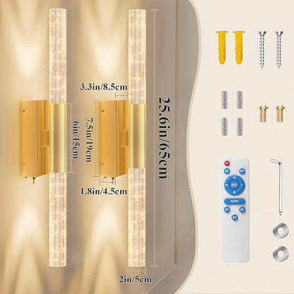 camuucci Battery Operated Gold Wall Sconces Set of 2 Rechargeable Battery Powered Wall Light with 20000mAh Not Hardwired Dimmable Wall Lamp Fixtures for Bedroom Living Room 25.6 Inches
