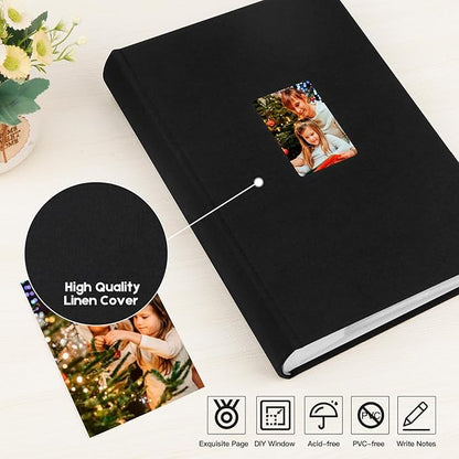 XFveiwoo Photo Album 4x6 450 Photos with Writing Space,4 x 6 Photo Book Linen Cover with Front Window, 4x6 Picture Album 450 Photos Photo Album Book for Wedding Kids Travel Family Baby Pictures, Black