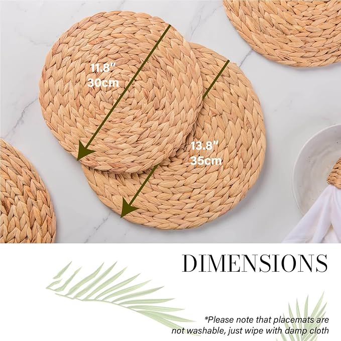 13.8" Set of 6 Round Water Hyacinth Placemats | Boho Woven Rattan Table Mats | Farmhouse Wicker Spring Plate Chargers Like Corn Husk, Seagrass for Wedding, Party, Christmas, Events