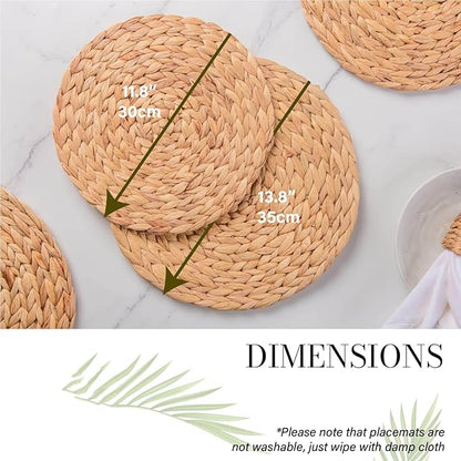 13.8" Set of 4 Round Water Hyacinth Placemats | Boho Woven Rattan Table Mats | Farmhouse Wicker Spring Plate Chargers Like Corn Husk, Seagrass for Wedding, Party, Christmas, Events