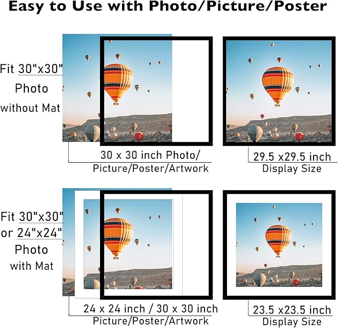 30x30 Picture Frame Set of 2 with 24x24 Mat, Display Photo 24x24 with Mat or 30 x 30 Without Mat, Wall Hanging Large 30x30 Poster Frame with Shatter Resistant Plexiglass, 2 Pack, Black