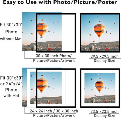 30x30 Picture Frame Set of 2 with 24x24 Mat, Display Photo 24x24 with Mat or 30 x 30 Without Mat, Wall Hanging Large 30x30 Poster Frame with Shatter Resistant Plexiglass, 2 Pack, Black