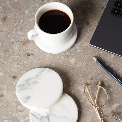 BCS Marble Coasters Set of 6 with Holder - Premium White Stone Drink Coasters, Durable Cup Mats for Coffee, Beer, Wine - Non-Slip Modern Table Decor for Home, Office, Dining