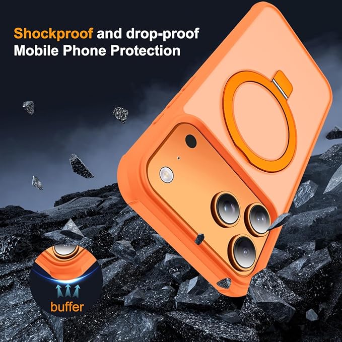 Compatible with iPhone 17 Pro Case with Invisible Magnetic O-Ring Stand Military-Grade Translucent Phone Case for iPhone 17 Pro 6.3" [Compatible with Mag-Safe][Great Grip Feeling],Orange
