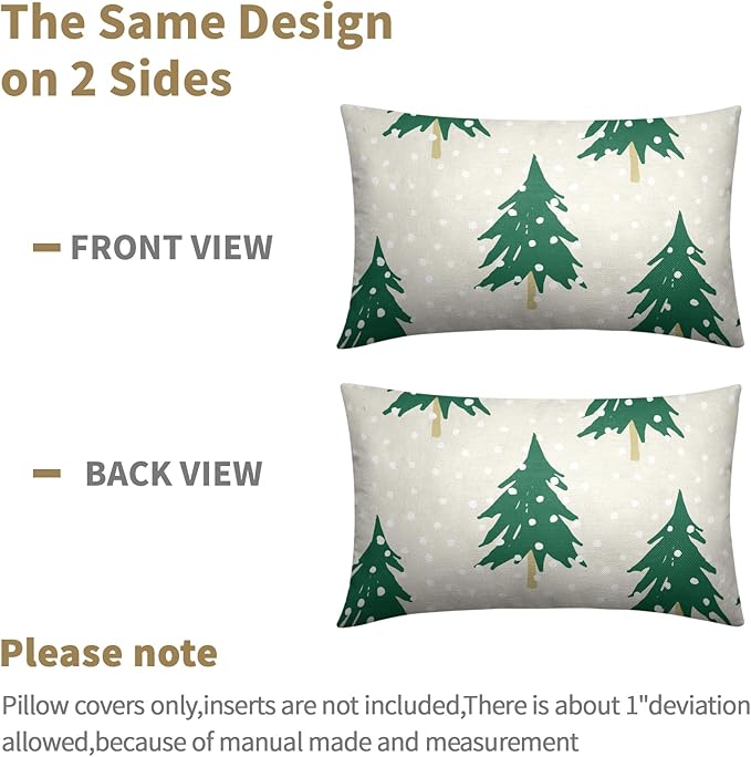 Christmas Tree Lumbar Pillow Covers 12x20 Set of 2 Green Beige Xmas Snow Pattern Rustic Decorative Outdoor Farmhouse Pillowcases Decorations Winter Holiday Throw Cushion Cover Decor for Couch Sofa Bed