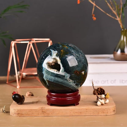 JIC Gem Extra Large Ocean Jasper Crystal Sphere Decorative Crystal Ball Healing Gemstone Sphere for Meditation Office Table Decorations 110-120mm