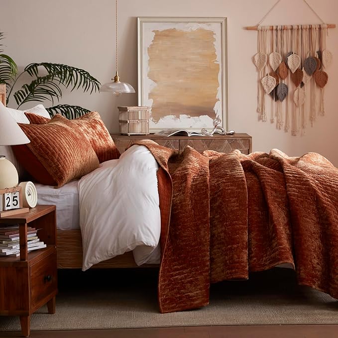 LEAONME Oversized King Quilt 120''x120'', Lightweight Burnt Orange Velvet Comforter Set with 2 Matching Shams, Soft Cross Stitch Bedspread Coverlet, Oversized King Bedding Set for All Season