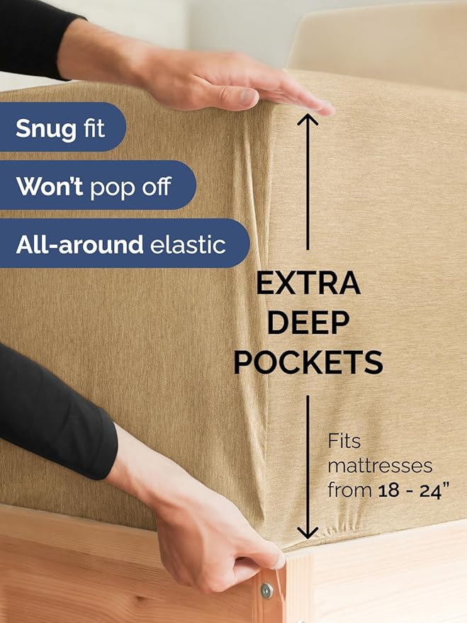 Extra Deep Queen Sheet Set - 6 Piece Breathable and Cooling Sheets - Hotel Luxury Bed Sheets Set - Easy Fit - Soft, Wrinkle Free and Comfy Sheets Set - Heathered Tan Sheet Set with Extra Deep Pockets
