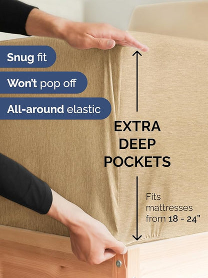 Extra Deep Full Sheet Set - 6 Piece Breathable and Cooling Sheets - Hotel Luxury Bed Sheets Set - Easy Fit - Soft, Wrinkle Free and Comfy Sheets Set - Heathered Tan Sheet Set with Extra Deep Pockets