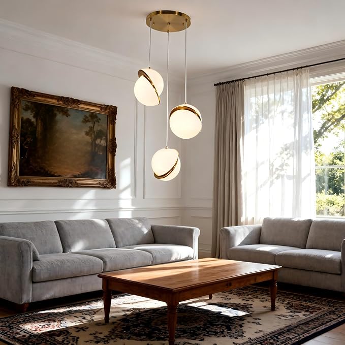 Modern 3-Light Magic Bean Spherical Pendant Light, Gold Chandelier Ceiling Light with Milky White Acrylic Lampshade, Adjustable Nordic Style Hanging Lamp for Corridor Living Room Dining Room