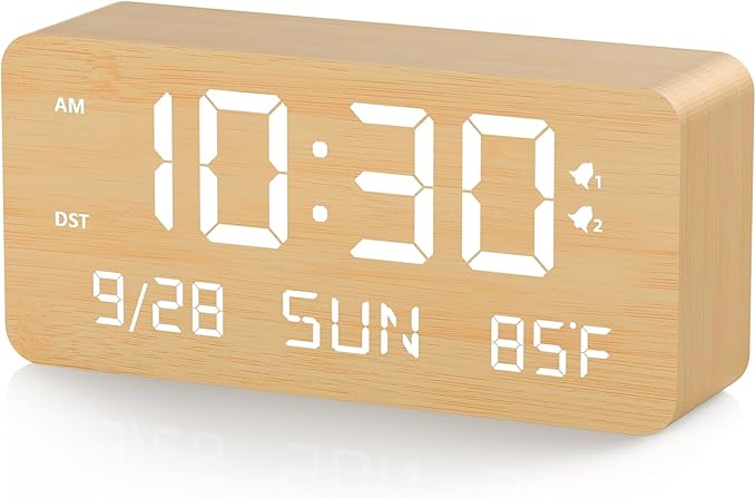 Wooden Digital Alarm Clock for Bedroom -Desk Clock with Date, Day of Week, Temperature, Dual Alarms, Dimmer, USB Port Charge, DST, Adjustable Volume for Living Room/Office Wood Decor (Bamboo)