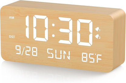 Wooden Digital Alarm Clock for Bedroom -Desk Clock with Date, Day of Week, Temperature, Dual Alarms, Dimmer, USB Port Charge, DST, Adjustable Volume for Living Room/Office Wood Decor (Bamboo)