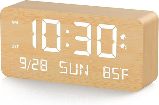 Wooden Digital Alarm Clock for Bedroom -Desk Clock with Date, Day of Week, Temperature, Dual Alarms, Dimmer, USB Port Charge, DST, Adjustable Volume for Living Room/Office Wood Decor (Bamboo)