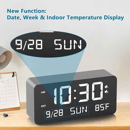 Wooden Digital Alarm Clock for Bedroom - Desk Clock with Date, Day of Week, Temperature, Dual Alarms, Dimmer, USB Port Charge, DST, Adjustable Volume for Living Room/Office Wood Decor (Black)