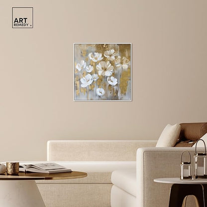 Art Remedy Golden Daisies Canvas Elegant White Gold Wall Art, White Frame, 30" x 30"