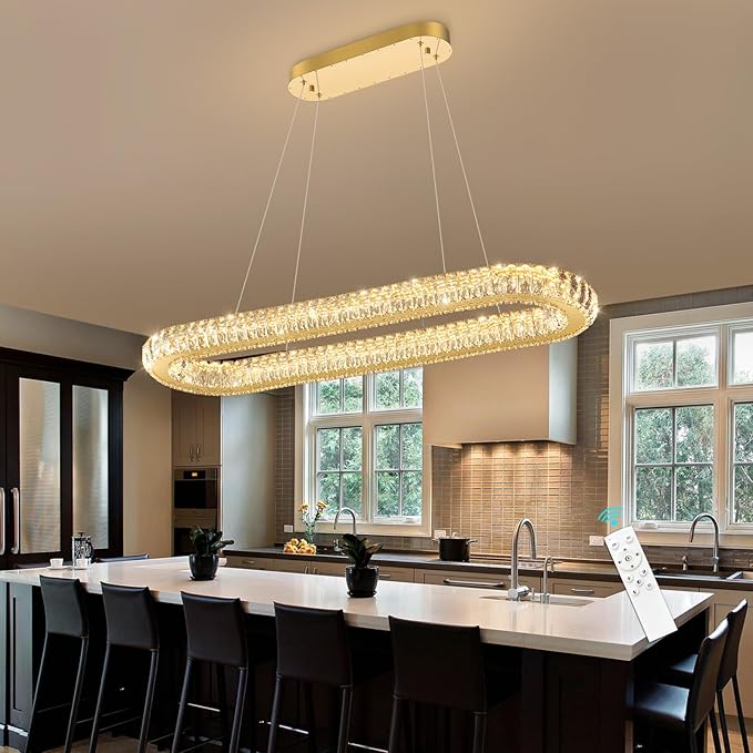LED Ring Chandelier Oval Rings Pendant Lights for Dining Table Kitchen Island Remote Dimmable Hanging Light Chandeliers for Entryway Living Room Crystal Lighting Gold