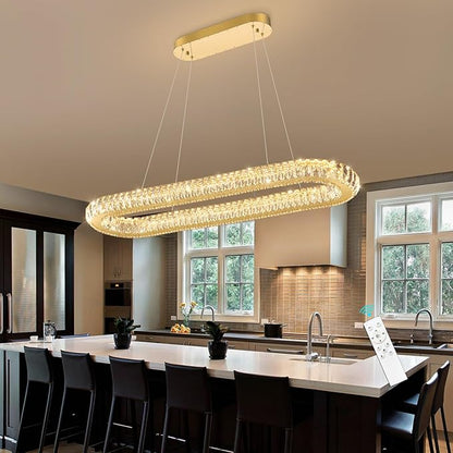 LED Ring Chandelier Oval Rings Pendant Lights for Dining Table Kitchen Island Remote Dimmable Hanging Light Chandeliers for Entryway Living Room Crystal Lighting Gold