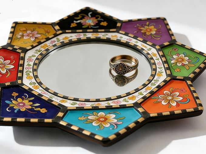 Octagon Sunburst Wall Mirror - Colorful Geometric Boho Circle Mirror Art, Small Decorative Vintage Accent for Living Room Decor, Wood & Acrylic（2D Printed）