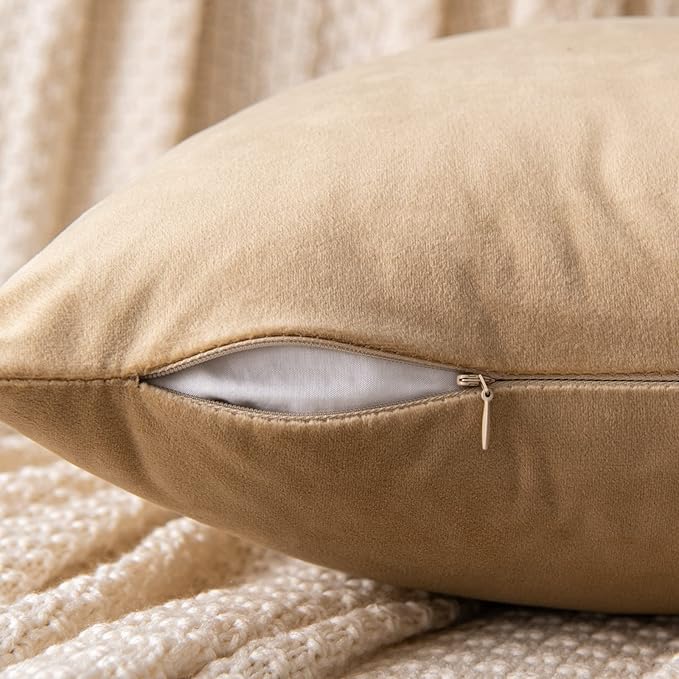 EMEMA Pack of 2 Velvet Throw Pillow Covers Decorative Square Pillowcase Soft Solid Cushion Case for Sofa Bedroom Chair Car 20x20 Inch Khaki