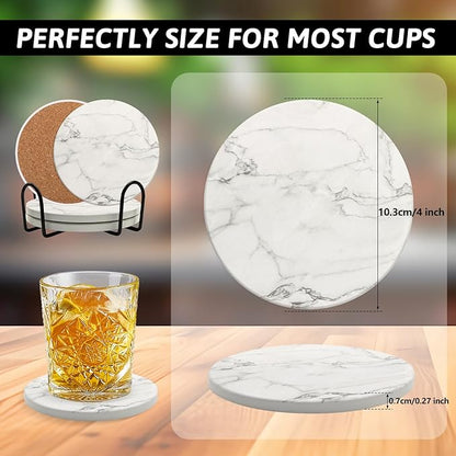 Coaster Set of 4, Drink Coasters with Holder, Absorbent Ceramic Coasters for Dining Table, 4 Inch Round Coasters Set for Drinks, Cup Coaster for Home Decor, Housewarming Gift, (R&B)