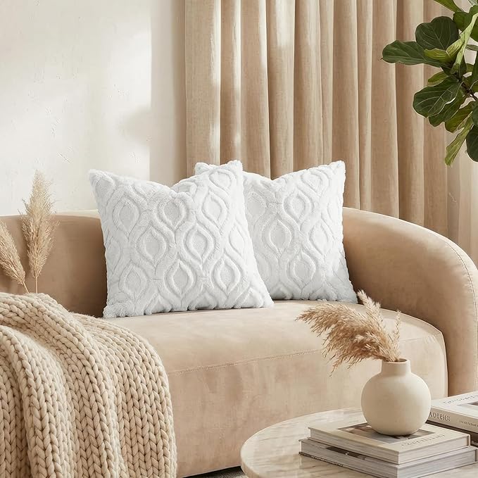 decorUhome Spring Euro Sham Throw Pillow Covers 22x22 Inch Set of 2, Soft Plush Faux Wool White Solid Couch Pillow Covers, Accent Farmhouse Neutral Square Pillow Cases for Sofa Bed Living Room