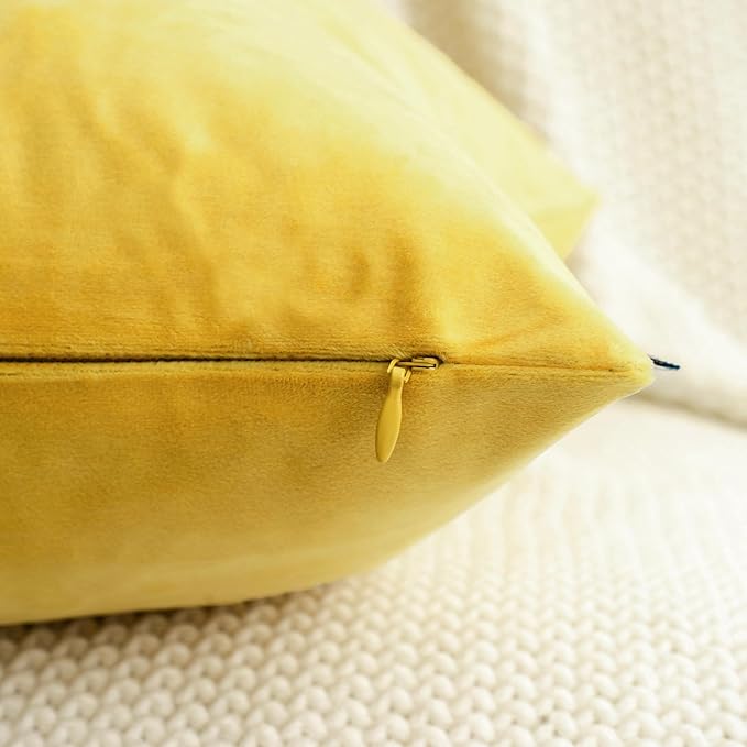 HWY 50 Yellow Velvet Throw Pillow Covers 18x18 Inch, Pack of 2 Soft Cozy Solid Decorative Luxury Cushion Cases for Couch Sofa Bed Living Room Bedroom